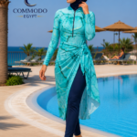 Turquoise Marble Modest Swimwear Set – Premium Full-Coverage Burkini with Wrap Skirt