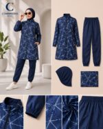 Geometric Print Modest Burkini - Long Jacket 3-Piece Swimwear Set - Image 2
