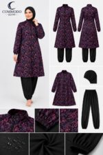 Floral Pattern Long Jacket Burkini - Elegant 3-Piece Modest Swimsuit Set - Image 2