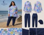 Plus Size Colorful Shell Print Modest Burkini - 3-Piece Swimwear Set - Image 2