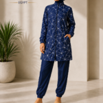 Geometric Print Modest Burkini - Long Jacket 3-Piece Swimwear Set