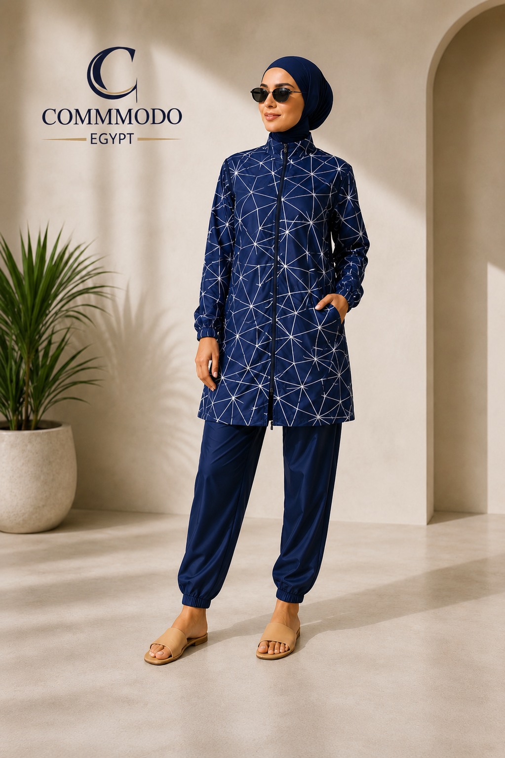 de747f75-5687-455d-8972-59546770b3bc Geometric Print Modest Burkini - Long Jacket 3-Piece Swimwear Set - Image 1