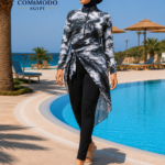 Black Marble Print Modest Burkini - Premium 3-Piece Swimwear Set