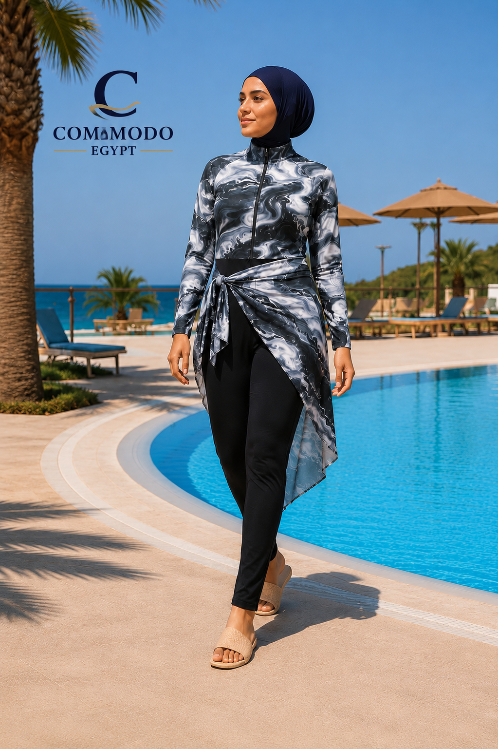 e90dd1e6-8c85-49ac-9e96-cf21aabcd8c9 Black Marble Print Modest Burkini - Premium 3-Piece Swimwear Set - Image 1